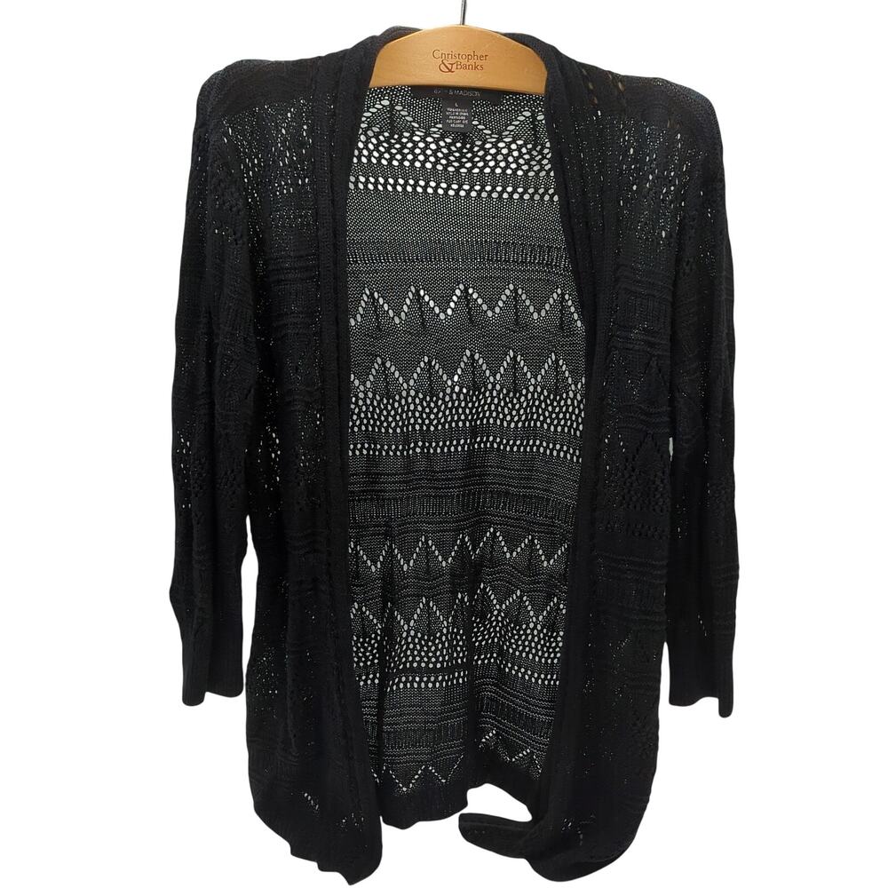 89TH & MADISON L Black Open-Front Knit Cardigan, 100% Acrylic